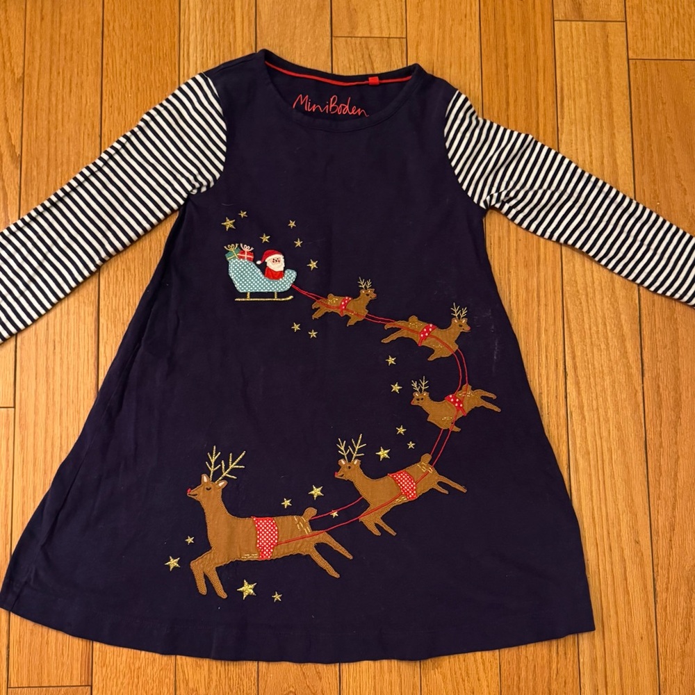 Mini Boden Navy Dress with Reindeer and Santa, Christmas design